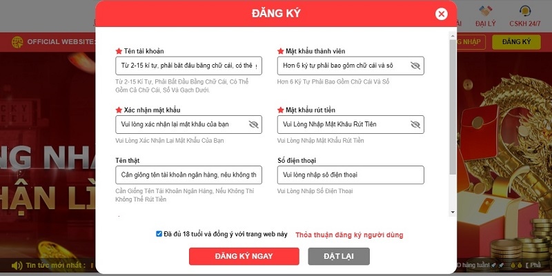 Điền đầy đủ thông tin đăng ký 007win theo yêu cầu
